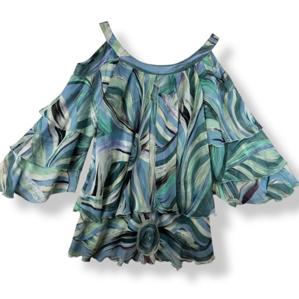 Cold Shoulder Tiered Ruffle Top Womens Size XL  Abstract‎ Swirl Mermaid Flowy
